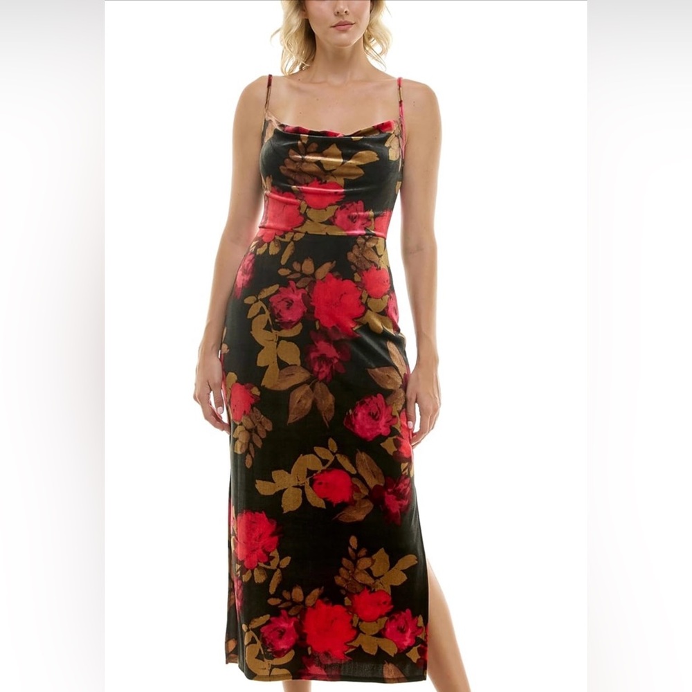 Taylor Velvet Floral Spaghetti Strap Black And Red Cowl Neck Dress XL Goth Y2K